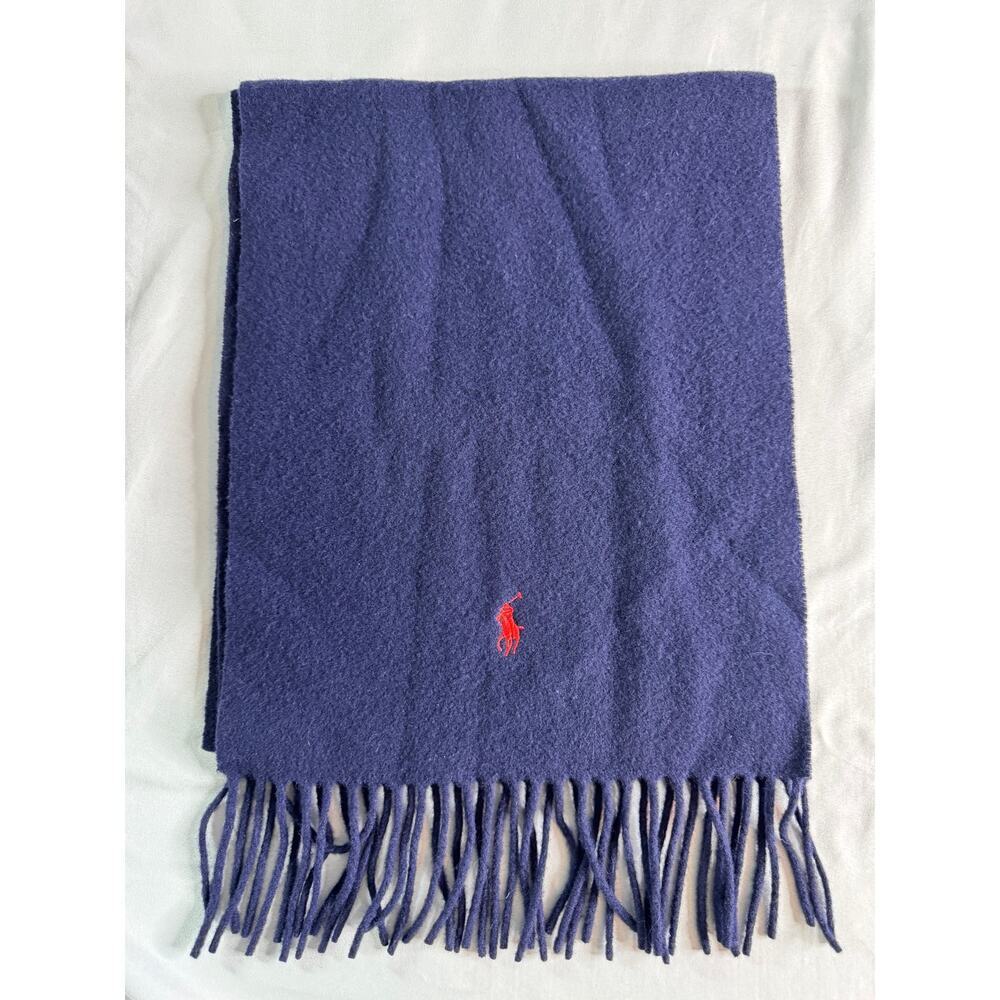 Polo Ralph Lauren Scarf Navy 100% Lambswool Fringe Italy Red Pony Logo Unisex